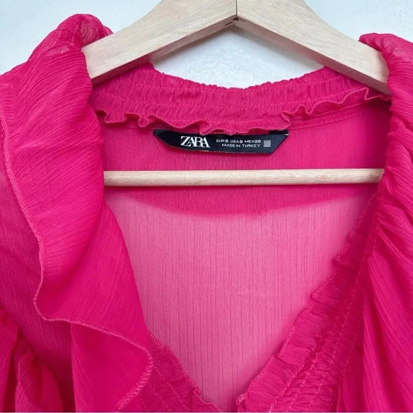 Zara Womens Small Ruffle Pink Sheer  Blouse - Picture 10 of 14